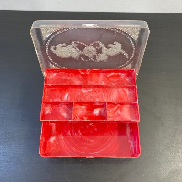 Hommer Mfg Co Hard Plastic Red Kitten Sewing Jewelry Box, Two Kittens on Lid, Co - Picture 7 of 10